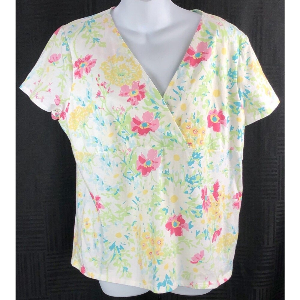 RL Chaps surplice mock wrap top tee XL multi floral ShortSleeve Cottage tropical